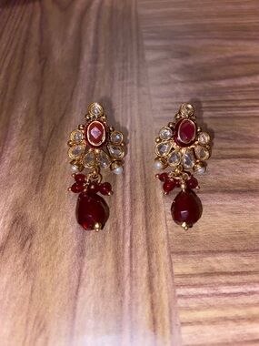 Salwar Kameez Red and Gold Drop Earrings with Clear Accents